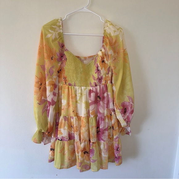 Square Neck Puffy Sleeve Smocked Babydoll Dress Floral Flowy Short Dress S - Picture 2 of 7